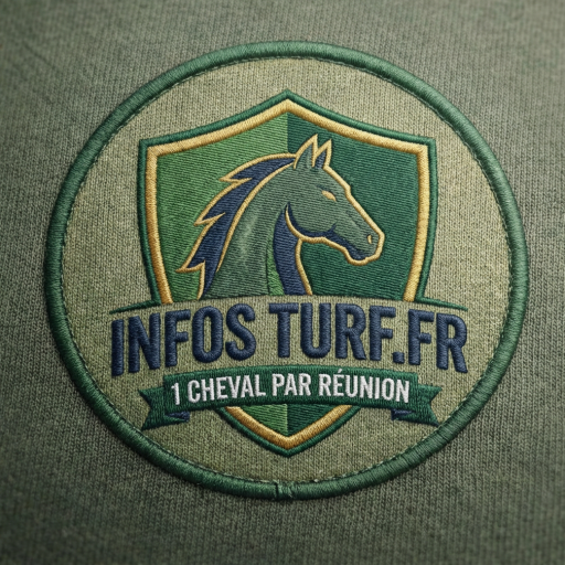 Embroidered patch with horse head on a shield, reading "INFOS TURF.FR 1 CHEVAL PAR RÉUNION".