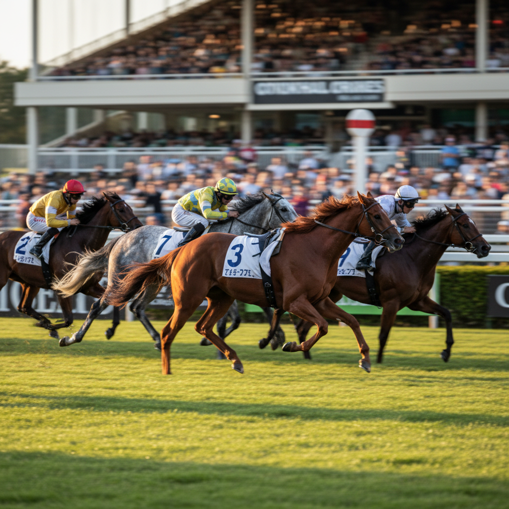 A dynamic yet riderless pack of racehorses captured mid-stride on a turf course, photographed from a low, three-quarter angle at trackside. Each horse features distinct, richly colored coats—chestnut, bay, gray—with finely detailed muscles and flying tails, their numbered saddlecloths crisp and clearly visible. The background grandstand and trackside elements are motion-blurred, emphasizing speed and competition, while the foreground horses remain in sharp focus. Golden hour sunlight rakes across the scene from the right, creating dramatic highlights on the horses’ bodies and long, directional shadows along the grass. The mood is intense and competitive yet controlled, with a clean, professional photographic style suitable for high-level pronostics content.