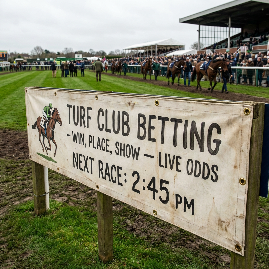Racetrack betting sign: TURF CLUB BETTING - WIN, PLACE, SHOW - LIVE ODDS NEXT RACE: 2:45 PM.