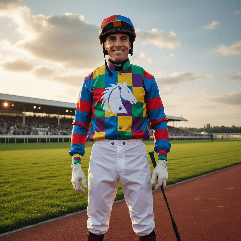 A smiling jockey in vibrant, multi-colored silks standing on a professional horse racing track.