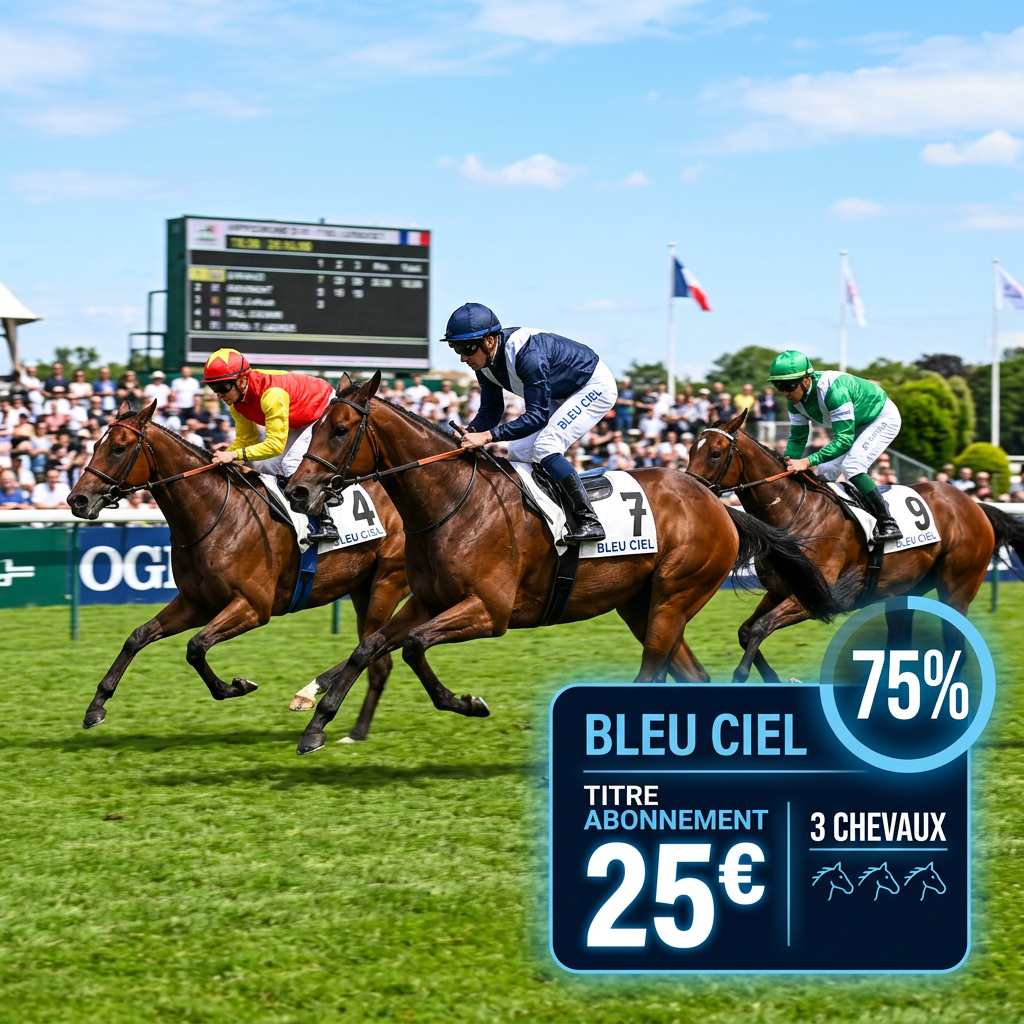 Three jockeys riding horses in a horse race with betting subscription details overlay